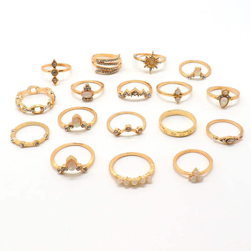 EXCLUSIVE AD STUDDED FLORAL GOLD PLATED PLUSHY RINGS SET OF 17 MIXED SIZES FOR WOMEN