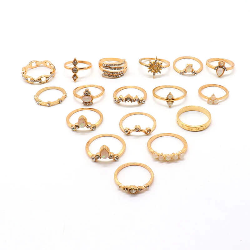 EXCLUSIVE AD STUDDED FLORAL GOLD PLATED PLUSHY RINGS SET OF 17 MIXED SIZES FOR WOMEN