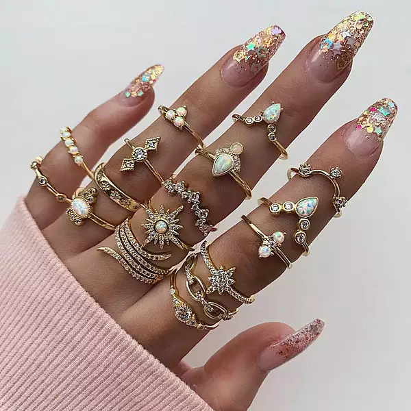 EXCLUSIVE AD STUDDED FLORAL GOLD PLATED PLUSHY RINGS SET OF 17 MIXED SIZES FOR WOMEN