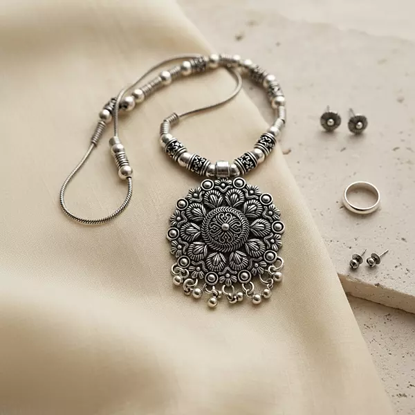 Oxidized Silver Floral Statement Pendant Necklace for Women | Traditional Ethnic Boho Jewelry