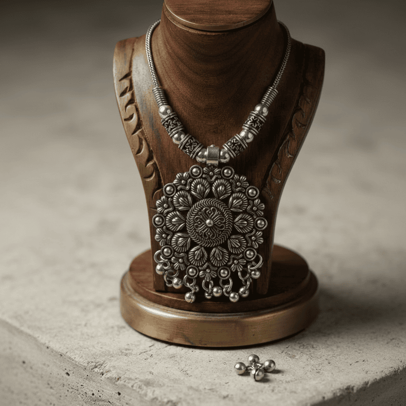 Oxidized Silver Floral Statement Pendant Necklace for Women | Traditional Ethnic Boho Jewelry