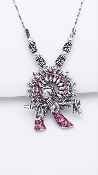 Ethnic Krishna Flute Silver Oxidised Necklace | Vrindavan Melody Oxidised Krishna Flute Pendant Necklace | Ethnic Silver-Tone Fashion Jewellery for Women