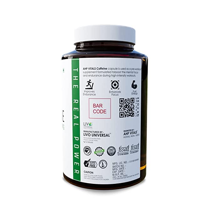 AHP VITALS Caffeine 200mg, 60 Capsules - Pre-Workout Supplement to Boost Mental Focus and Energy