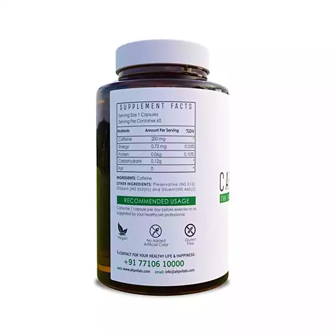 AHP VITALS Caffeine 200mg, 60 Capsules - Pre-Workout Supplement to Boost Mental Focus and Energy