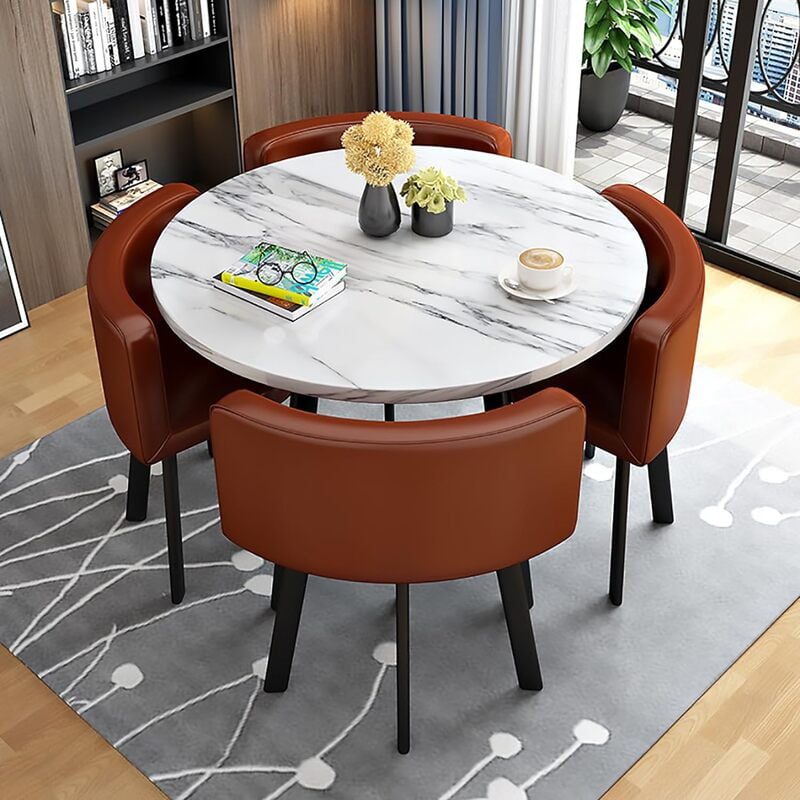 VIKINTERIO Maxico Round Space Saving Four Seater Dining Table Set with Marble Texture Laminated Top with saddle brown leather VIKINTERIO Maxico Round Space Saving Four Seater Dining Table Set with Marble Texture Laminated Top with saddle brown leather