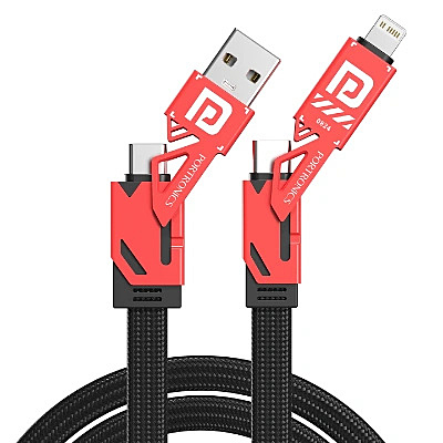 Portronics Konnect Tetra – 4-in-1 60W PD Cable, 1.4M Black. Versatile charging solution for multiple devices, fast data transfer, durable design, and compact length for easy portability.