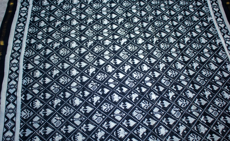 Chanderi Silk Saree - Black with Patola block print