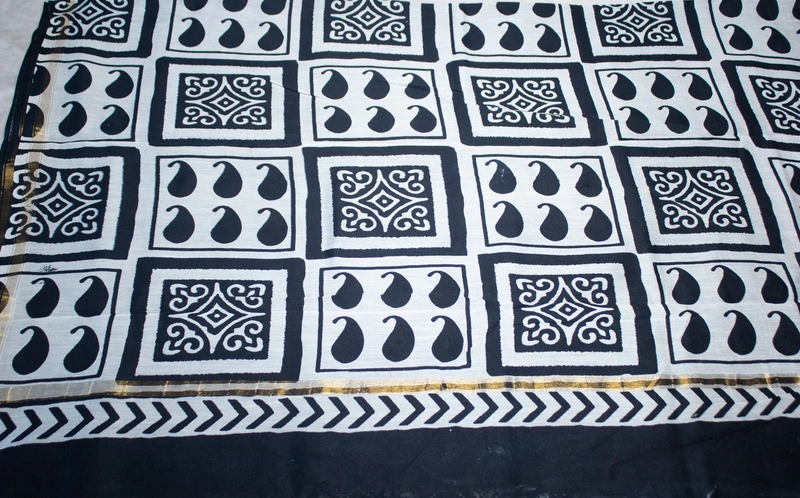 Chanderi Silk Saree - Black with Patola block print