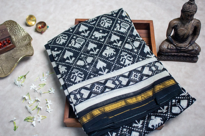 Chanderi Silk Saree - Black with Patola block print