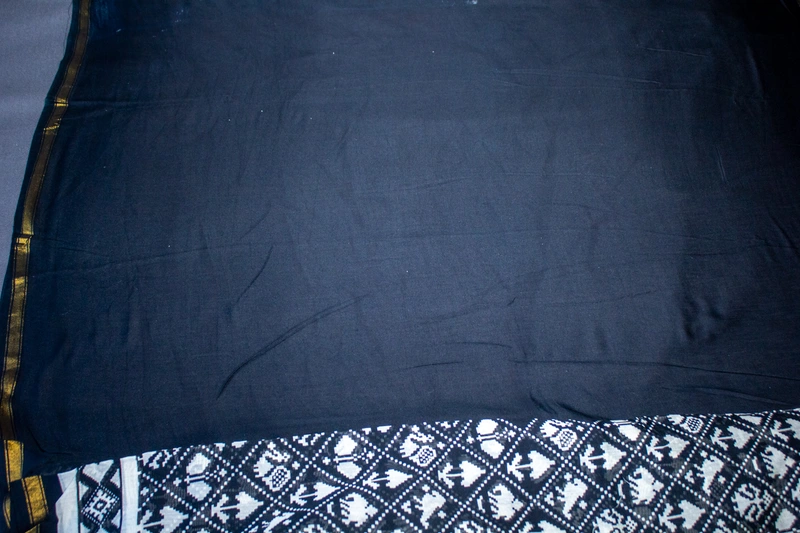 Chanderi Silk Saree - Black with Patola block print