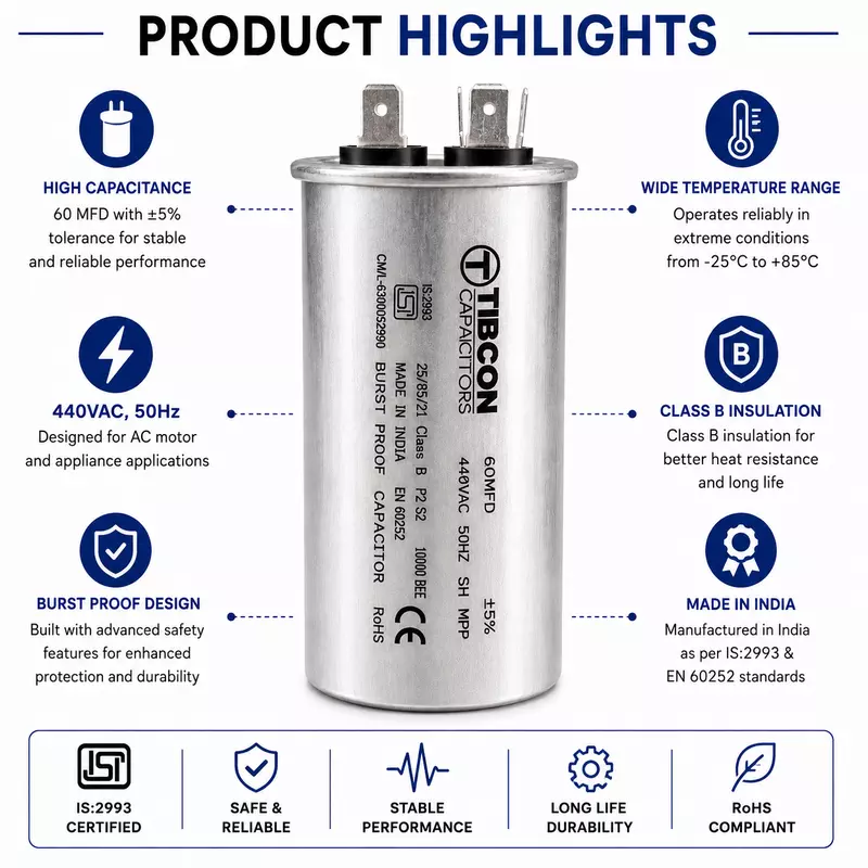 Tibcon 60 MFD Air Conditioner Capacitor | 440V | Burst Proof | Dry