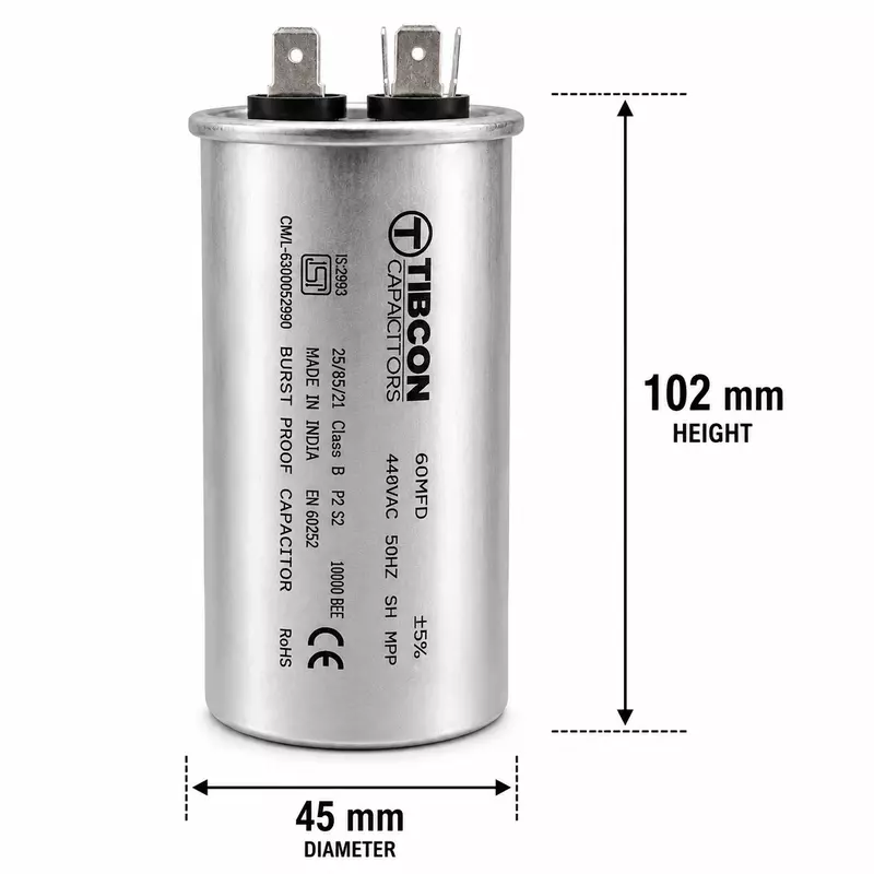 Tibcon 60 MFD Air Conditioner Capacitor | 440V | Burst Proof | Dry