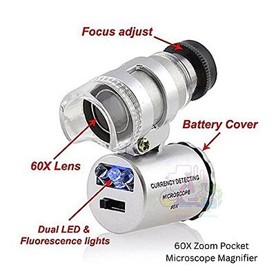 60X Zoom Pocket Microscope Magnifier - LED & UV Light