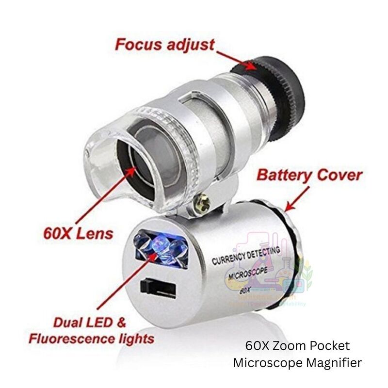 60X Zoom Pocket Microscope Magnifier - LED & UV Light