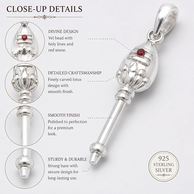 Sterling Silver Vel Pendant 925 Traditional Murugan Inspired Pendant for Men & Women