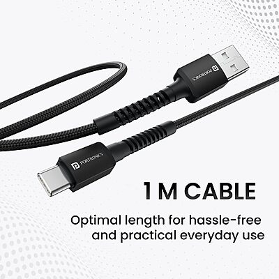 Portronics Konnect X – USB to Type-C Cable, 3A, 1M Black, fast charging, durable design, compatible with various devices, perfect for data transfer and charging, sleek and stylish.