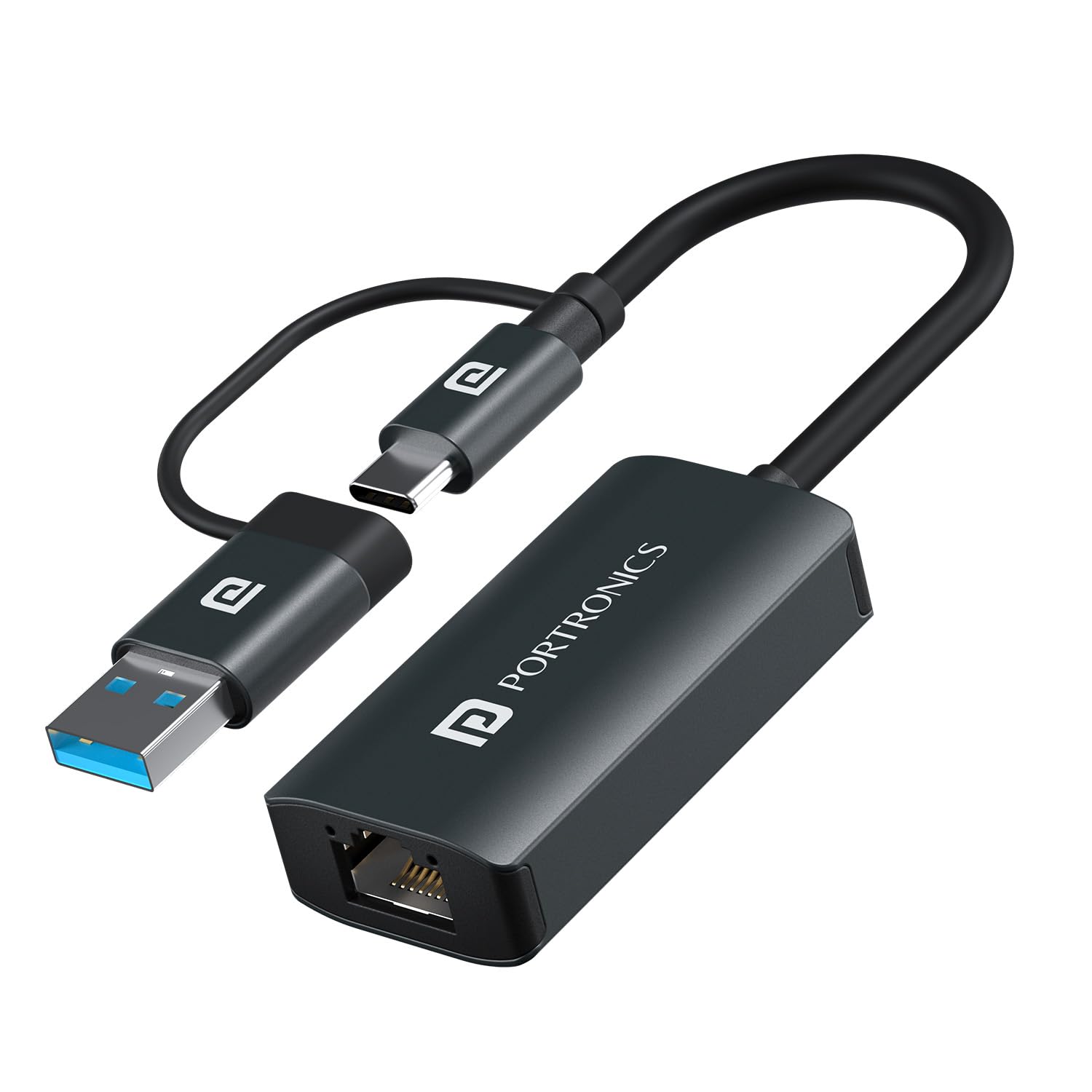 Portronics POR 2041 MPort X1 USB-A & USB-C to Gigabit Ethernet Adapter – Black