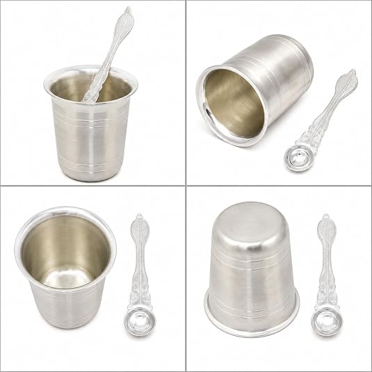 Sterling Silver Pancha Pathiram with Uthirini | Traditional Pooja Theertham Set