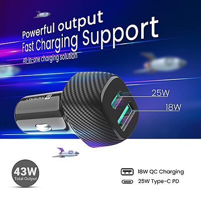 Portronics 43W Dual Output Car Charger 25W Type-C PD + 18W USB Fast Charging Black