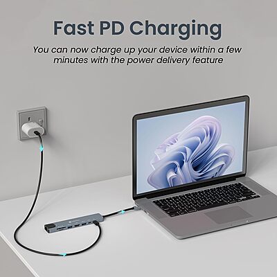Portronics Mport 8 USB-C Hub – 8-in-1, featuring 4K HDMI output, Power Delivery (PD), multiple USB ports, SD card reader, and Ethernet, perfect for expanding connectivity on the go.