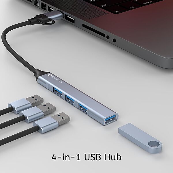 Portronics Mport 31 Pro – 4-in-1 USB Hub, Dual Plugs, compact design, supports multiple devices, high-speed data transfer, ideal for laptops and desktops, plug and play, durable and portable.