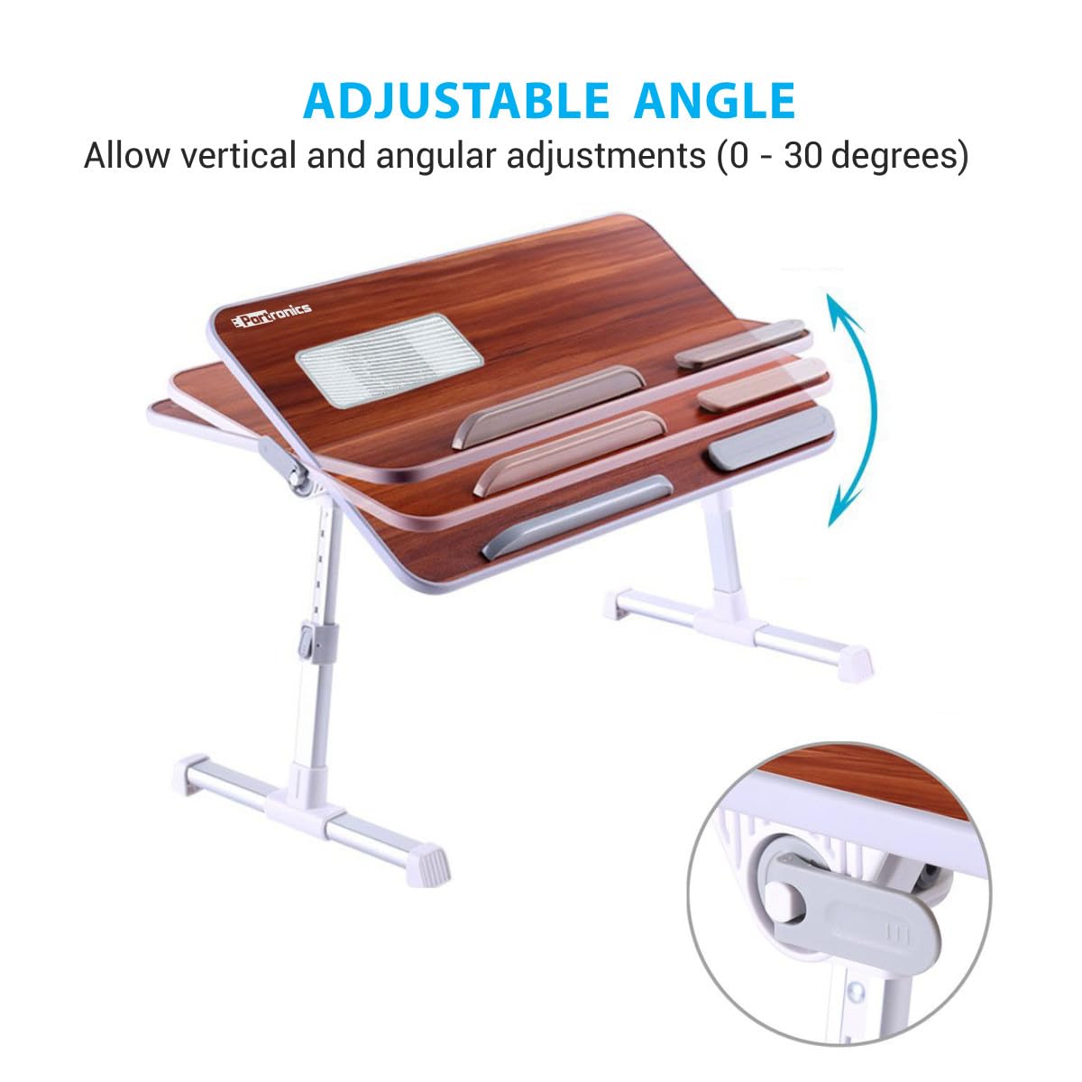Portronics My Buddy Plus is an adjustable laptop table with a cooling fan, multiple height settings, and portable design for convenience.