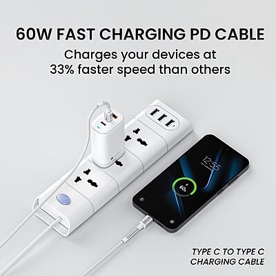 Portronics Konnect X – 60W Type-C Cable, 2M, White, fast charging, durable design, compatible with various devices, perfect for home and office use, tangle-free, high-speed data transfer.