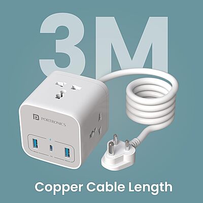 Portronics Volt 20 – 20W Desktop Charger features 3 AC ports, allowing you to charge multiple devices simultaneously. Compact design, efficient power delivery, perfect for home or office use.