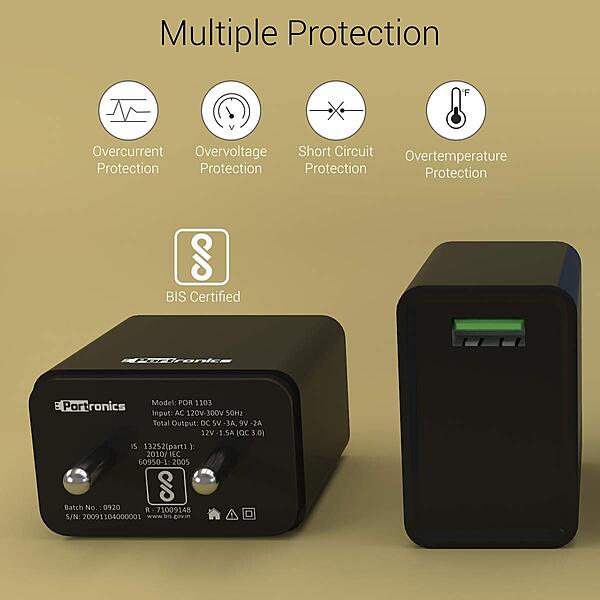 Portronics Adapto One 18W USB Charger! Includes a Type-C cable for fast, efficient charging. Compact design, perfect for home or travel. Stay powered up!