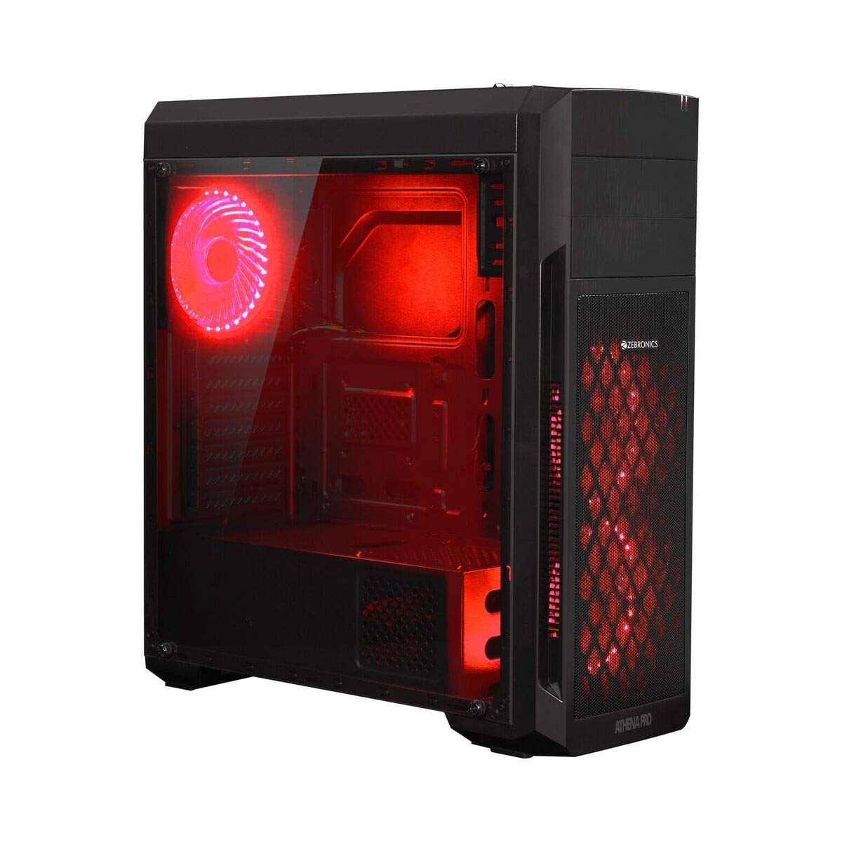 ZEBRONICS Zeb-Athena PRO Gaming Chassis – Perforated Front Panel | Transparent Side Panel | Dual 120mm Front Fans | 120mm Rear Fan | Top Magnetic Dust Filter (Red)