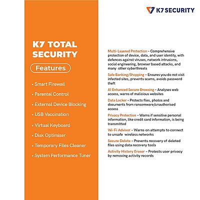 K7 Total Security Antivirus Software – 1 User | 1 Year Validity | Instant Activation | Real-Time Protection | Windows PC Security