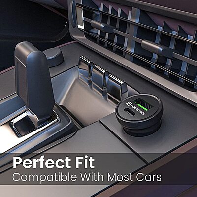 Portronics 38W Dual Output Car Charger – 20W Type-C PD & 18W USB Fast Charging for iPhone & Android