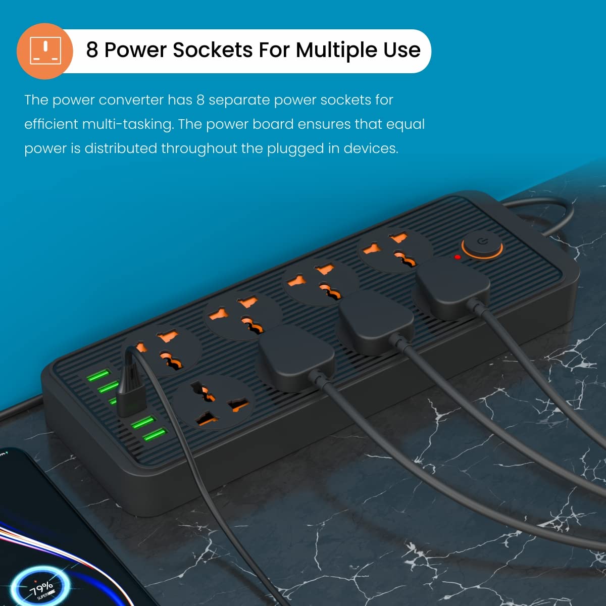 Portronics Power Plate 8 – 8 Sockets & 6 USB Ports (2500W) offers versatile charging with multiple outlets and fast USB ports, perfect for home or office use, ensuring all devices stay powered.