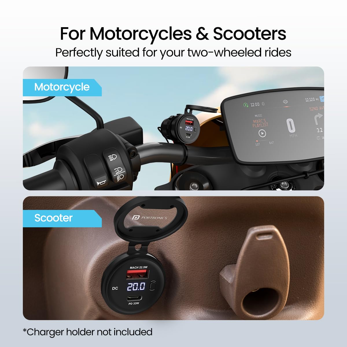 Portronics Spark 51W – Type-C & USB Motorcycle Charger, Fast Charging, Compact & Durable