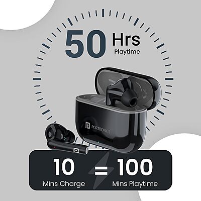 Portronics Twins S6 – TWS Earbuds, 50H Playtime, Black. Enjoy seamless connectivity, deep bass, and crystal-clear sound. Perfect for music lovers and on-the-go lifestyles. Grab yours now!