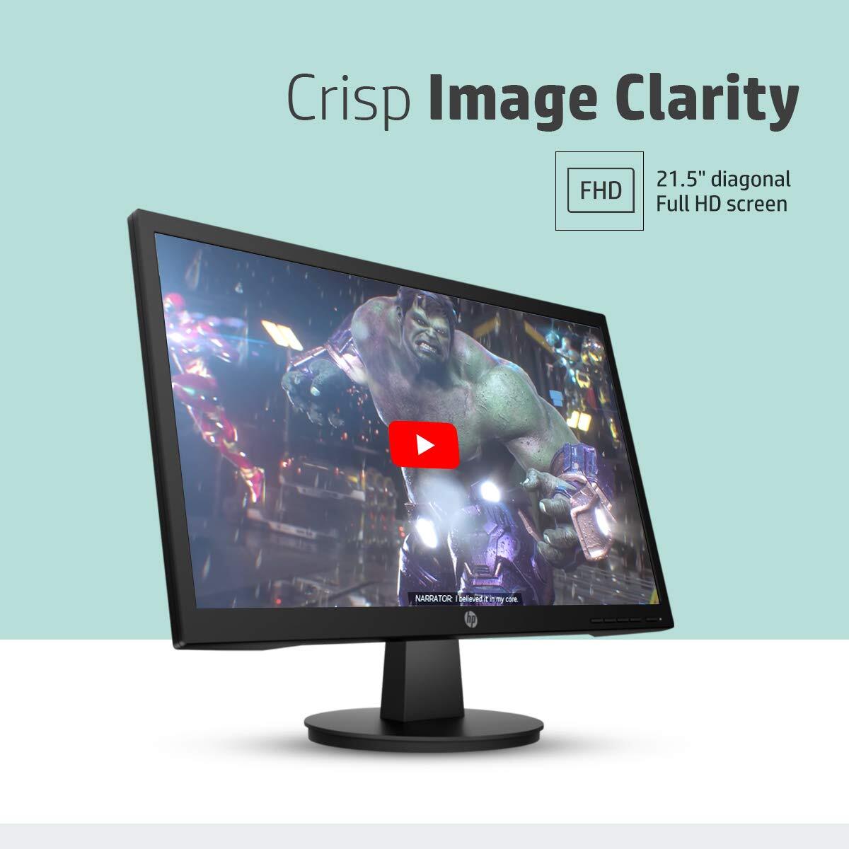 HP 21.5 Inches FHD Monitor features a sleek design, vibrant colors, and sharp visuals. Perfect for work or entertainment, it offers HDMI and VGA connectivity for versatile use. Enjoy stunning clarity!