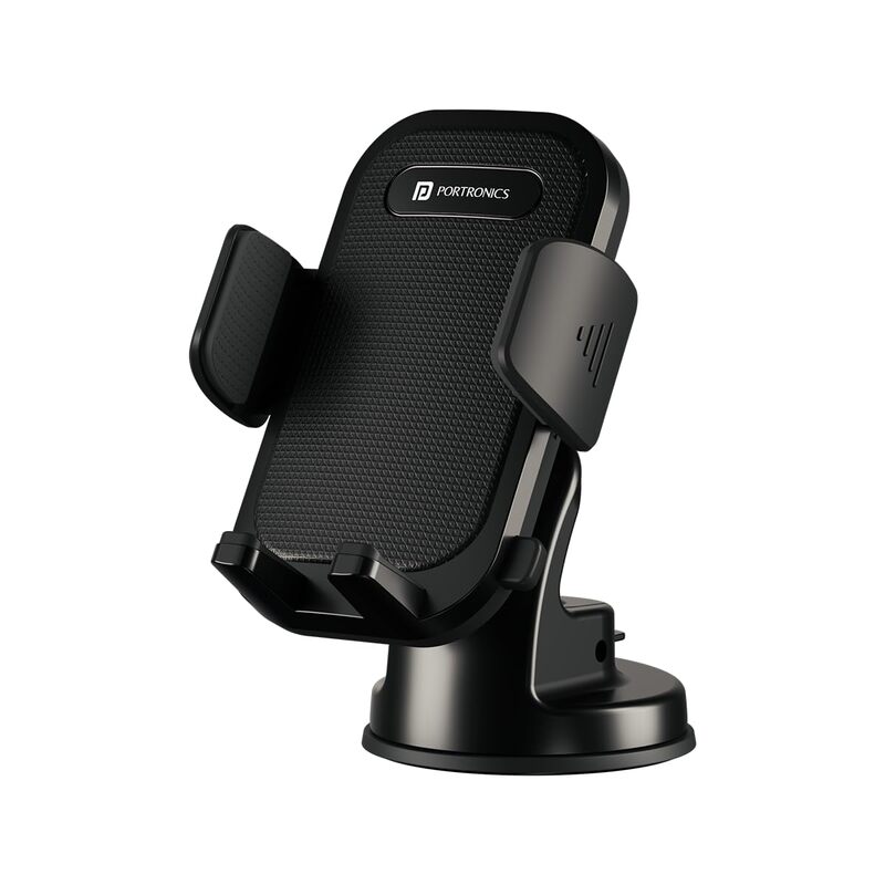 Portronics Clamp M4 – Car Phone Holder, 360° rotation for optimal viewing, sturdy grip, sleek black design, easy installation, compatible with most smartphones, perfect for hands-free navigation.