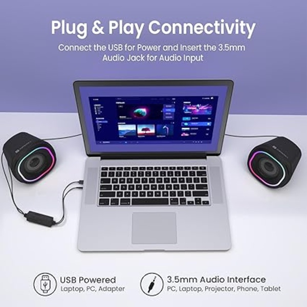 Portronics in Tune 5 12W Portable USB Powered Wired Speaker with Volume Control, 3.5mm AUX in, HD Sound, 2.0 Channel, RGB Lights Controls, Multimedia Speaker for PC, Gaming, Desktop and Laptop(Black) Portronics in Tune 5 12W Portable USB Powered Wired Speaker with Volume Control, 3.5mm AUX in, HD Sound, 2.0 Channel, RGB Lights Controls, Multimedia Speaker for PC, Gaming, Desktop and Laptop(Black)