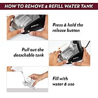 Borosil Handheld Garment Steamer Gs01,Horizontal & Vertical Use,1000 Watts Fast Heating,Ceramic Steam Nozzle,200 Ml Water Tank,Detachable Fabric Brush,Lint Brush,For Silk,Nylon,Rayon,Wool,Cotton