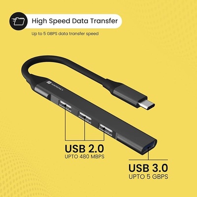 Portronics Mport 31C USB C Hub (4-in-1), Type C Multiport Adapter with 1 x USB 3.0 & 3 x USB 2.0 Ports, up to 5 Gbps High Speed Data Transfer (Grey)