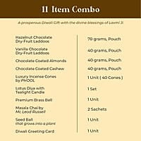 Eat Better Co Samriddhi Gift Hamper with Laxmi Design for Diwali - 11 Item Gift Pack - Dry Fruit Laddoos, Chocolate Coated Nuts with Phool Incense Cones, Golden Bell & Lanten Diya | Diwali Gifting Box