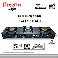 Preethi Alya Glass Top 3 Burner Gas Stove, Manual Ignition