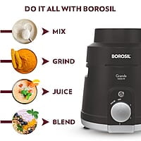 Borosil Grande 1000 W Mixer Grinder, With Double Ball Bearings, 4 Jars (3 SS Jars (1.5 L Blending Jar, 1.2 L Dry/Wet Grinder, 400 ml Chutney Jar) & 1 PC Jar with Fruit Filter) Mixie For Kitchen