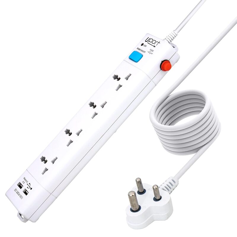 Upix Universal Power Strip – 2 USB Ports | Extension Cord with Surge Protection | White