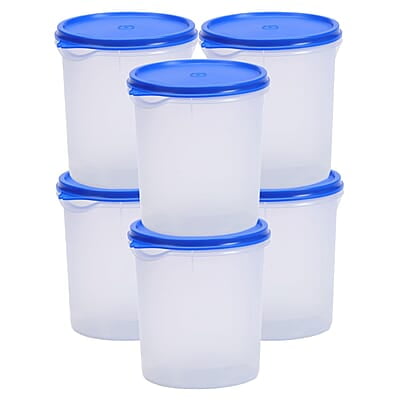 Varmora Magnum Round Smart Kitchen Storage Plastic Container – Blue Lid (1 Litres) (Pack of 6)