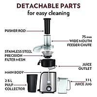 Borosil Primus Plus Juicer, 800 W, Stainless Steel Centrifugal Juicer, 1.1 L Juice Jug, 75 mm Feed Chute, Black