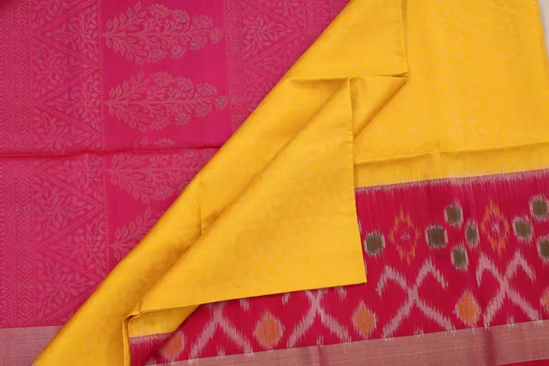 Mustard Yellow Silk Saree with Pink Ikat Pallu & Woven Border | Handloom Saree