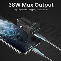 Portronics 38W Dual Output Car Charger – 20W Type-C PD & 18W USB Fast Charging for iPhone & Android