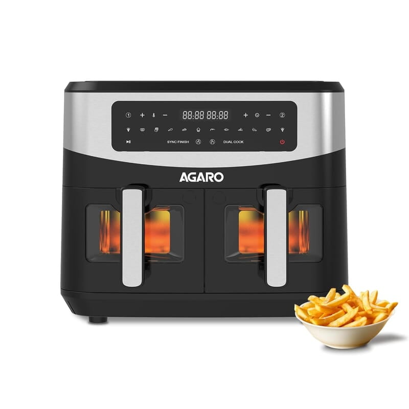 AGARO Imperial Dual Basket Digital Air Fryer, Independent 4.5L Basket, 10 Preset Cooking Modes, 360° Air Circulation, Convection, Digital Touch Display, 2400W