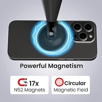 Portronics Mogun 5 Magnetic Phone Holder – Magsafe Compatible | 360° Rotation & 180° Pivot | Black